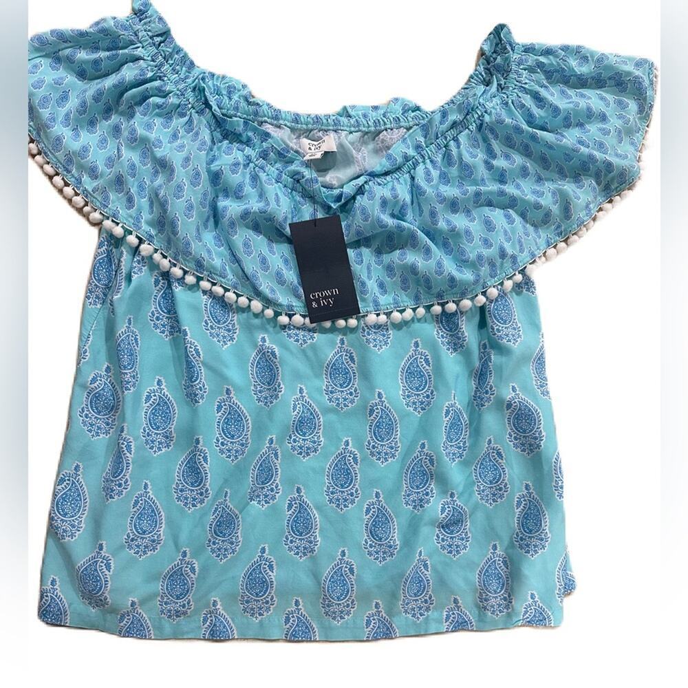 NWT Crown & Ivy Aqua Blue off Shoulder Pom Pom Flowy Top Size XL